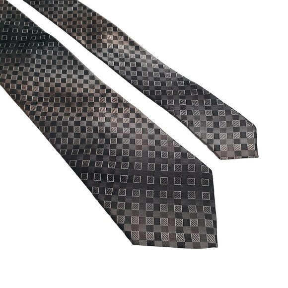 Vintage Designer Calvin Klein Men Checkered Black Gray Silk Necktie Slim Skinny - Picture 2 of 5